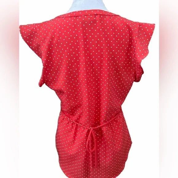 MODCLOTH Coral Orange Polka Dot Summer  Blouse With Tie Back Size Small - Picture 2 of 7